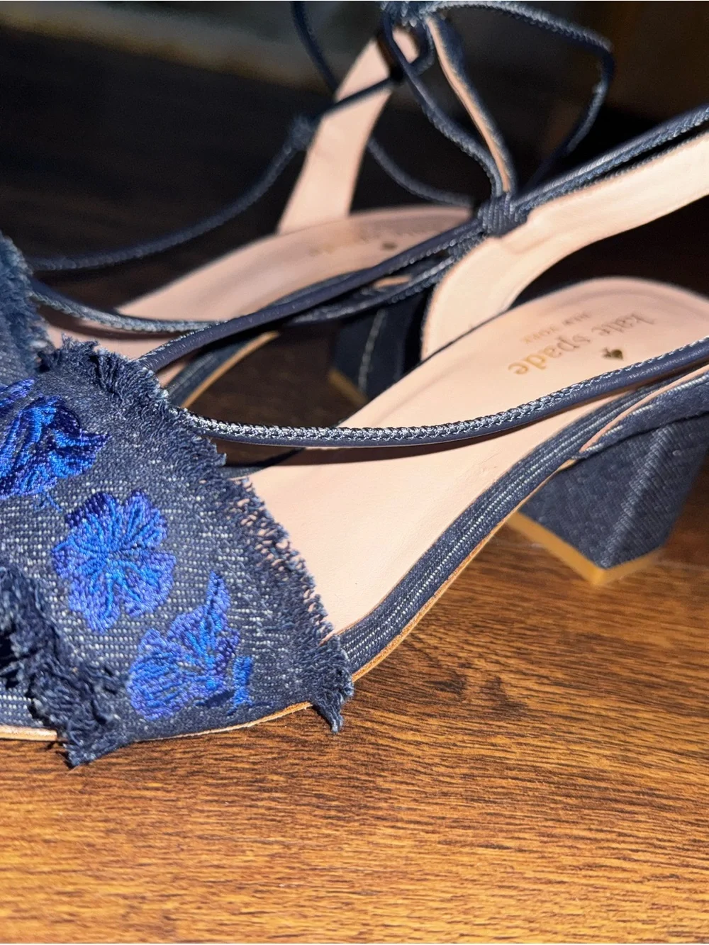 kate spade Navy Embroidered Strappy Block Heel Sandals
